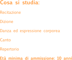 Cosa si studia:
Recitazione 
Dizione 
Danza ed espressione corporea 
Canto
Repertorio
Età minima di ammissione: 10 anni